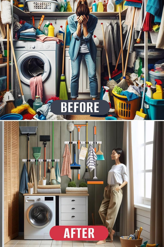 The Good Stuff Heavy Duty Mop and Broom Holder Wall Mount – Stainless Steel 5-Rack Organizer with 4 Hooks – Space Saving, Rust-Resistant Utility Rack for Garage, Kitchen, Laundry or Garden Tools