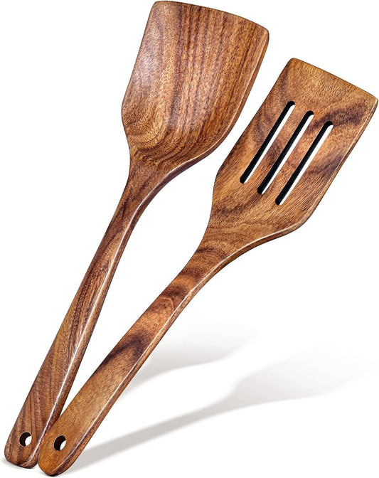 2Pcs Wooden Spatula, Acacia Solid & Slotted Turner Spatula Set, Long H