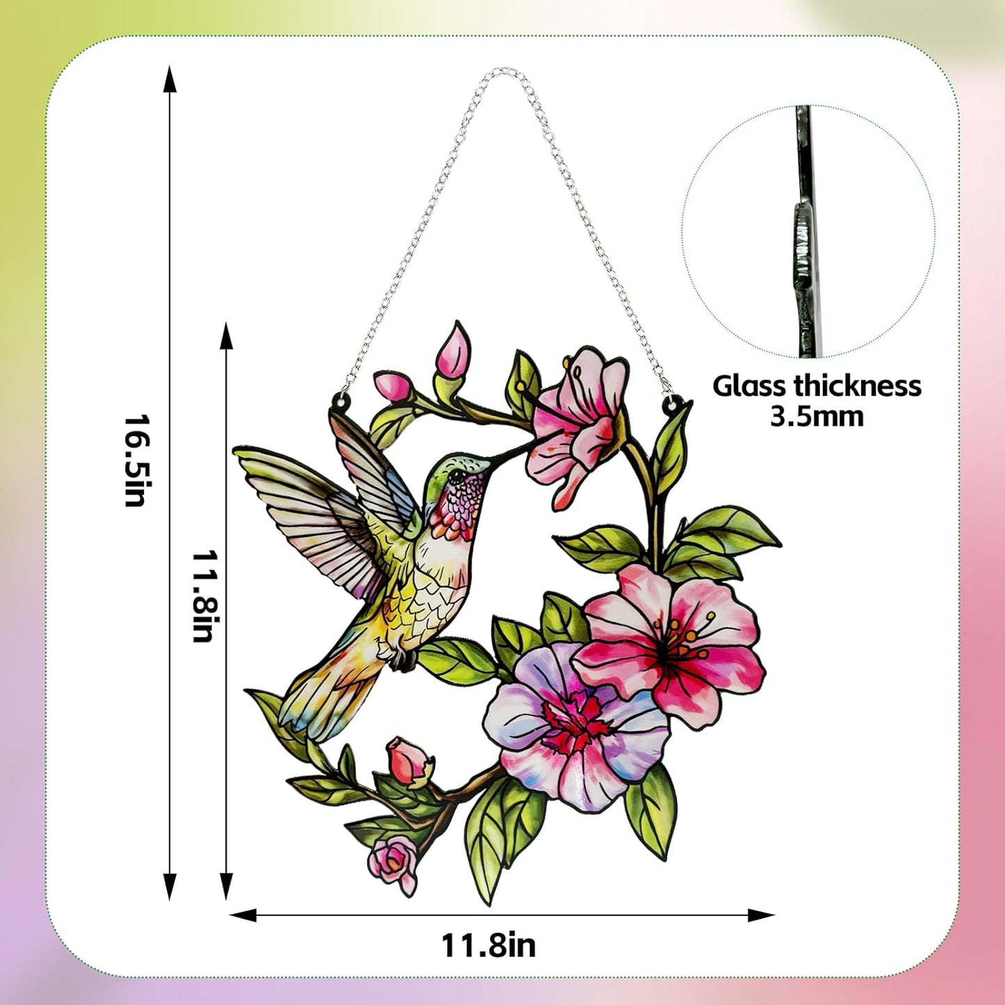 Stained Glass Hummingbird Suncatcher, Marzovitra 12 inch Stained Glass Window Hanging Yard Décor with Flowers, Sun Catcher for Home Decor, Garden, Patio Bird Window Art Gift for Nature and Bird Lovers