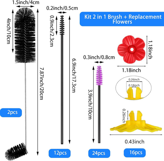 38 Pcs 3 Size Hummingbird Feeder Cleaning Brush Mini Nylon Tube Brush with 16 Bird Replacement Flowers Double Headed 2 in 1 Brushes Accessory for Bird Feeder Outdoor Water Bottles (Bent)