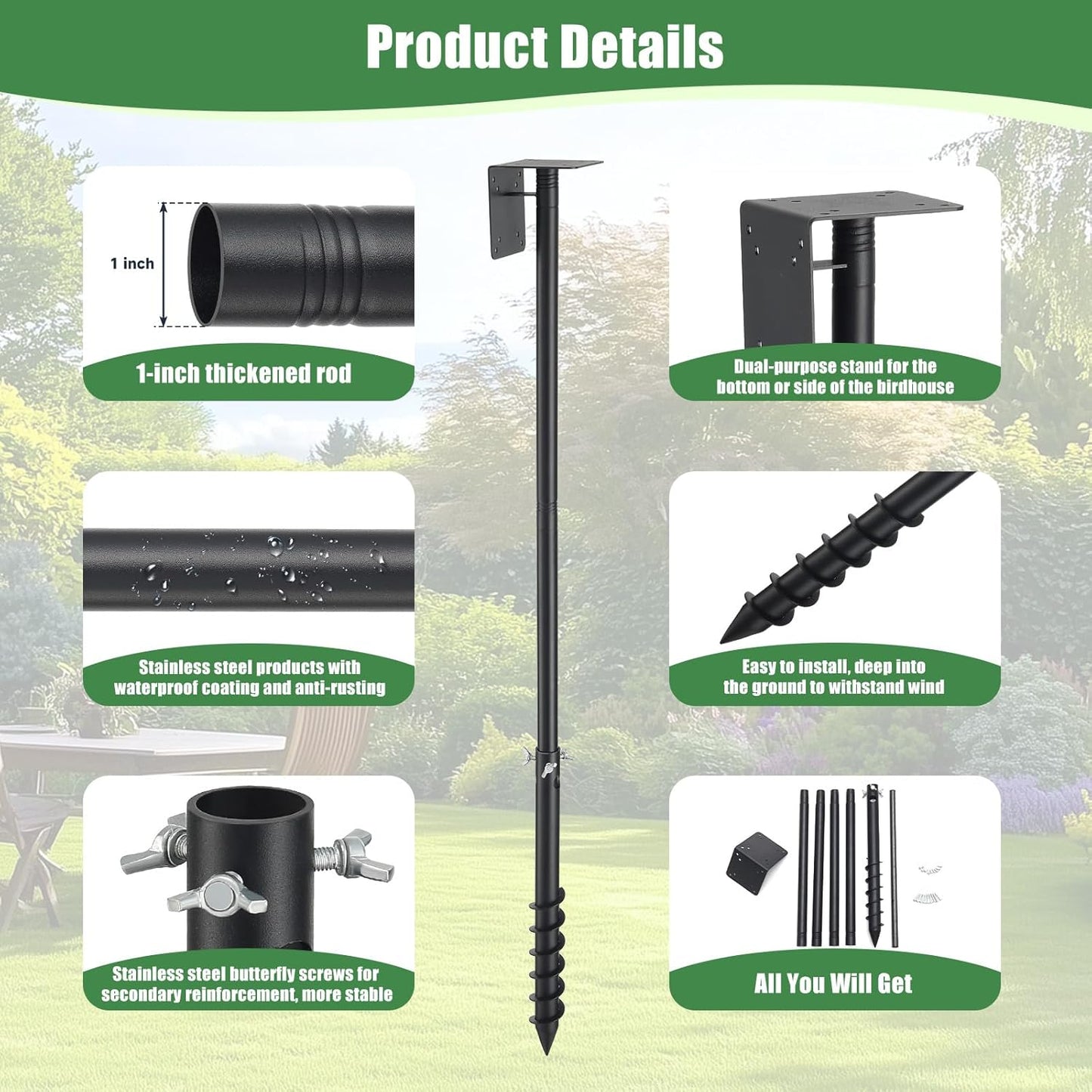 ‌JAOTREL 60" Bird Feeder Pole with Spiral Ground Stake - Heavy-Duty Metal, All-Weather Stability, Windproof & Rust-Resistant for Garden/Lawn/Bird Sanctuary