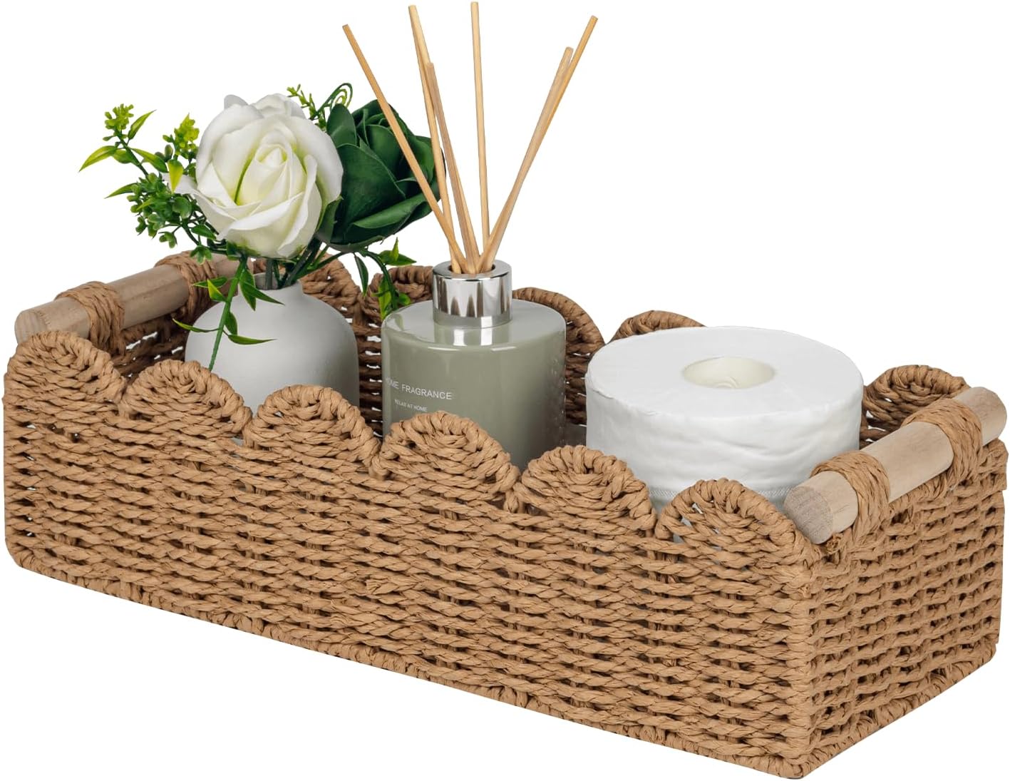 CubesLand Paper Rope Scalloped Edge Toilet Paper Storage Basket, Small