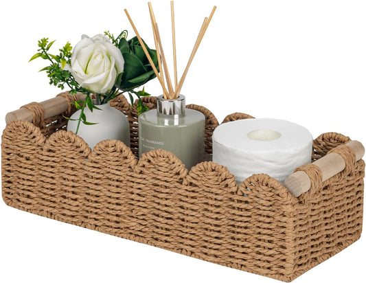 CubesLand Paper Rope Scalloped Edge Toilet Paper Storage Basket, Small