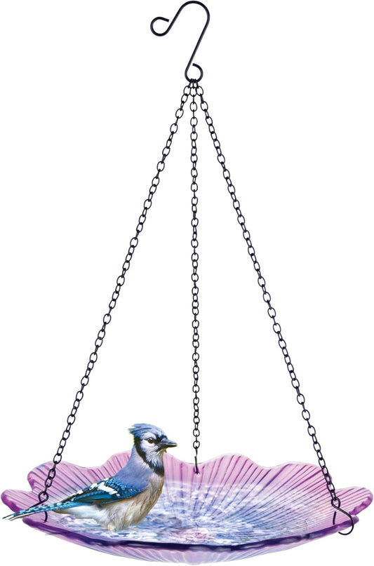 11" Recycled Glass Hanging Combination Bird Feeder and Bath for Wild Birds and Outdoor Décor, 0.625 Quart Capacity, Violet Begonia Floral Design, Hanging Chains Included