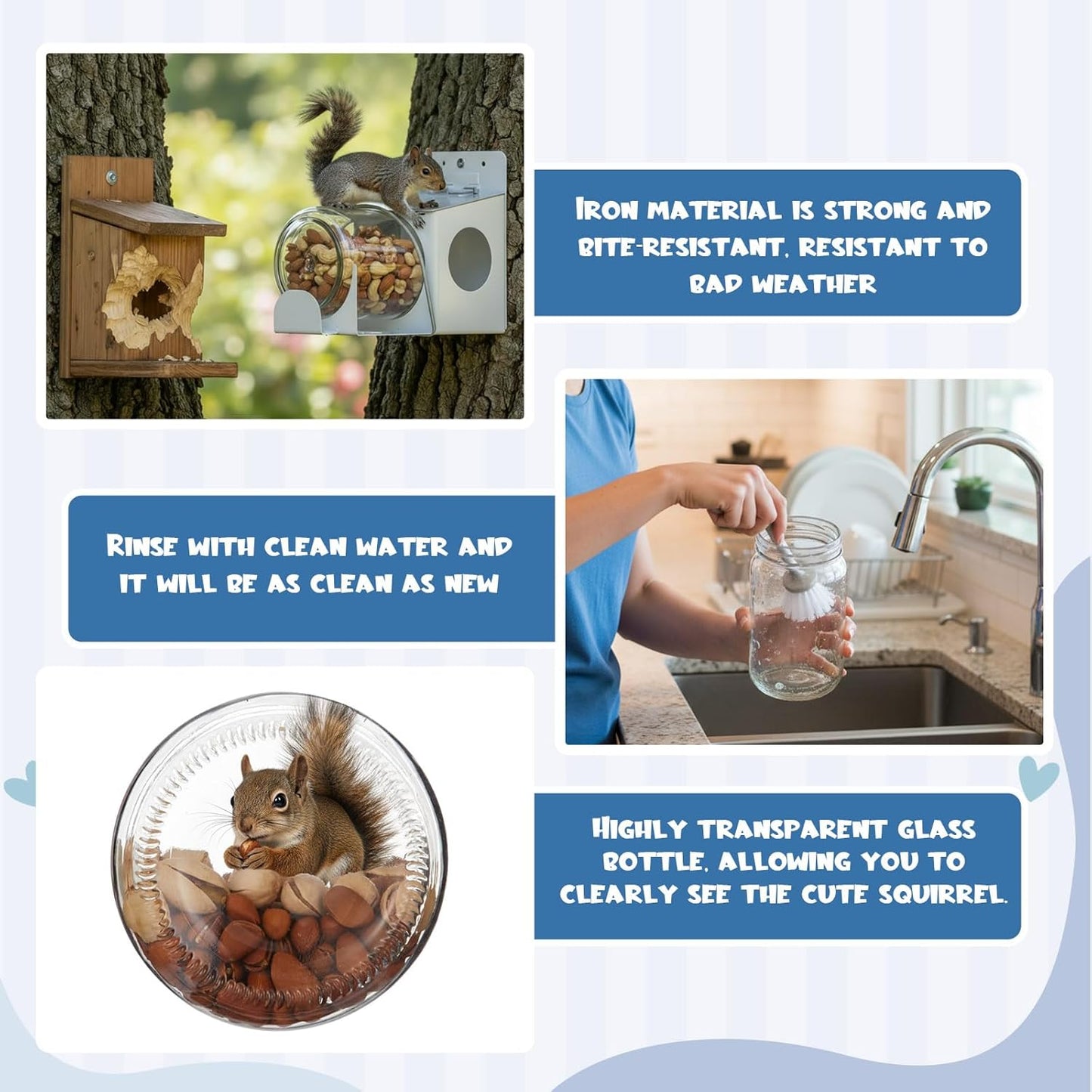LemonRoad Squirrel Feeder for Outside, Metal Chipmunk Feeder with Removable Clear Glass Jar, Enjoying Squirrels Eating Corn Seeds, Easy to Fill Clean, Prevent Birds ? Animals Stealing Food