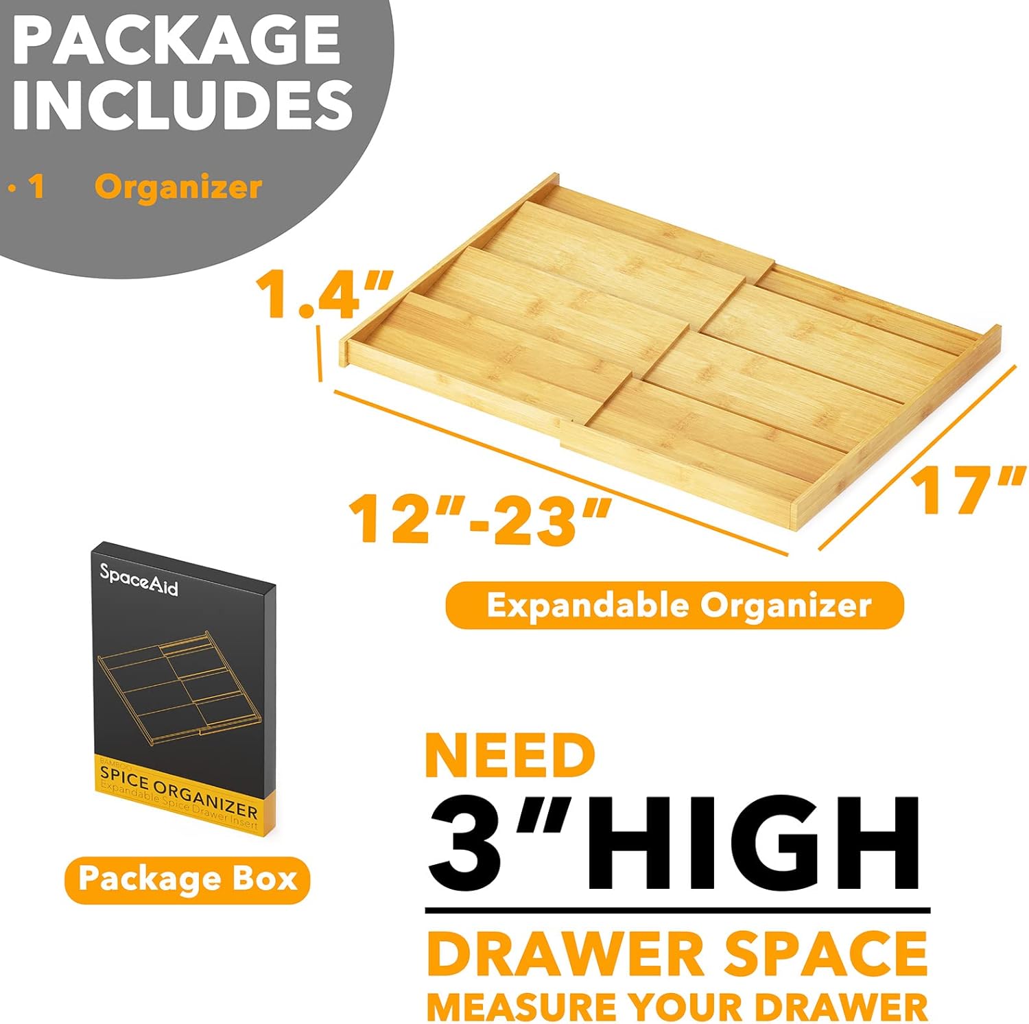 SpaceAid Bamboo Spice Drawer Organizer, (Need 3" Deep Drawer) Expandab