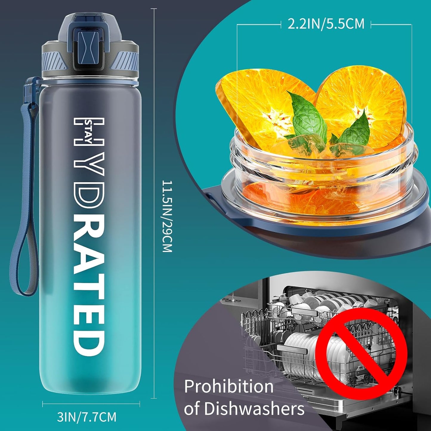 Water Bottle with Straw, 32oz Motivational Water Bottles with Time Marker to Drink, Tritan BPA Free, 1L Sports Water Bottle with Carry Strap LeakProof for Women Gym Fitness Outdoor (1 Pack)