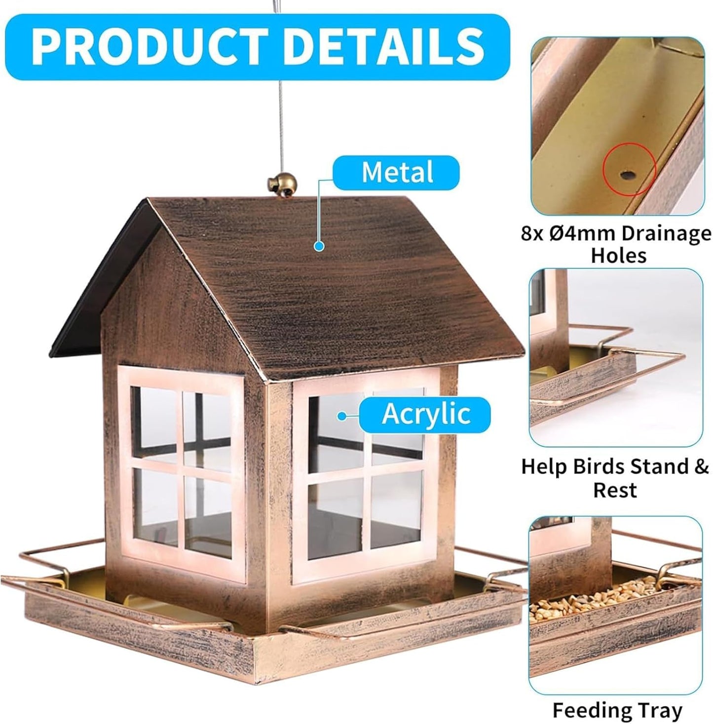 Outdoor Bird Feeding Station - Large Capacity Hanging Feeder, Wild Bird Feeder with Weather Resistant Roof, Garden Birdwatching Feeders Seed Holder, Balcony Yard Feeding Station for Cockatiels Fin