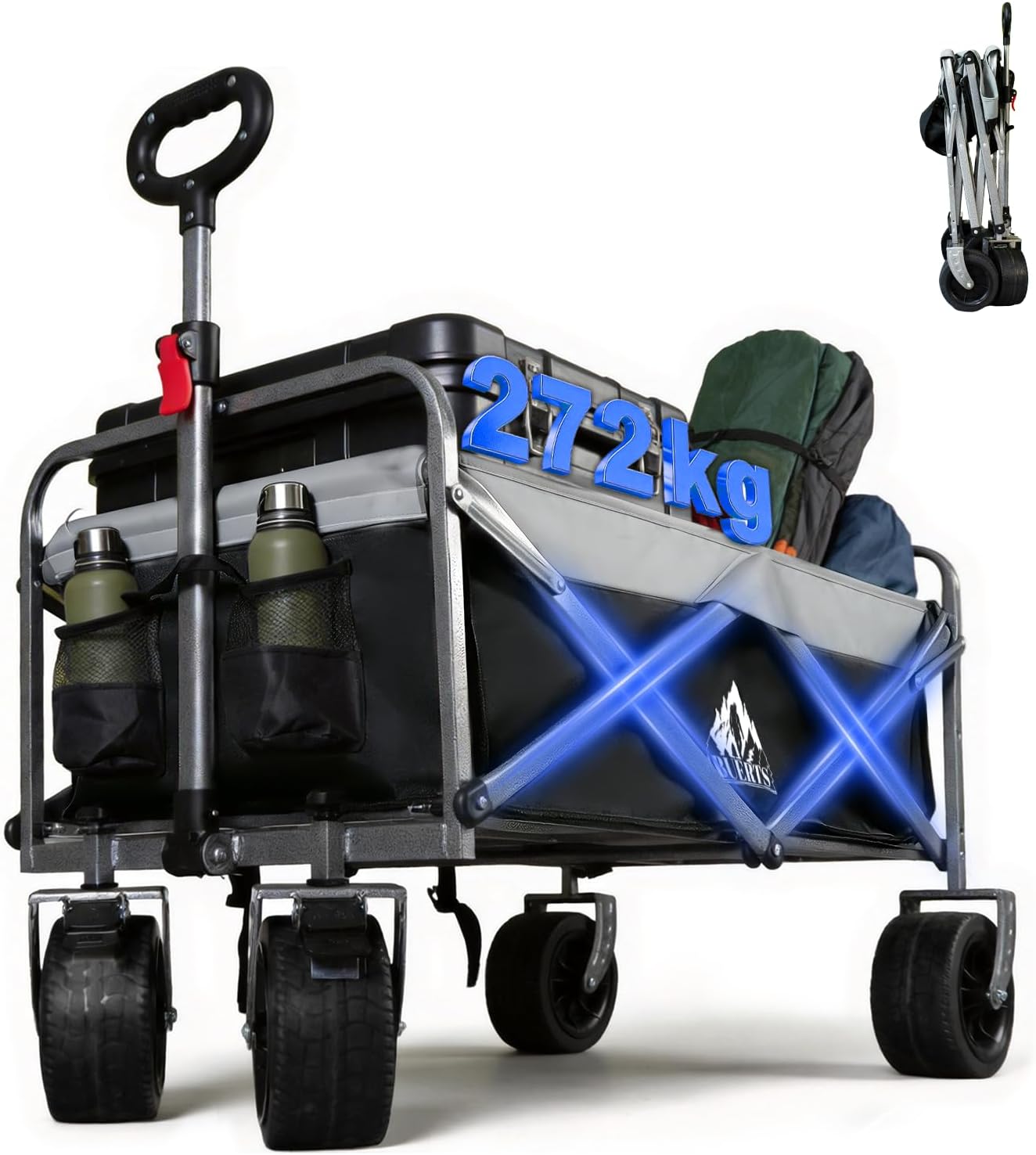 Collapsible Wagon - 600LBS Heavy-Duty Large Capacity Foldable Utility Cart, Oversized All-Terrain Wheels, 3-Second Quick Fold Beach Wagon for Camping, Gardening, Beach & Backcountry Trip（BLACK）