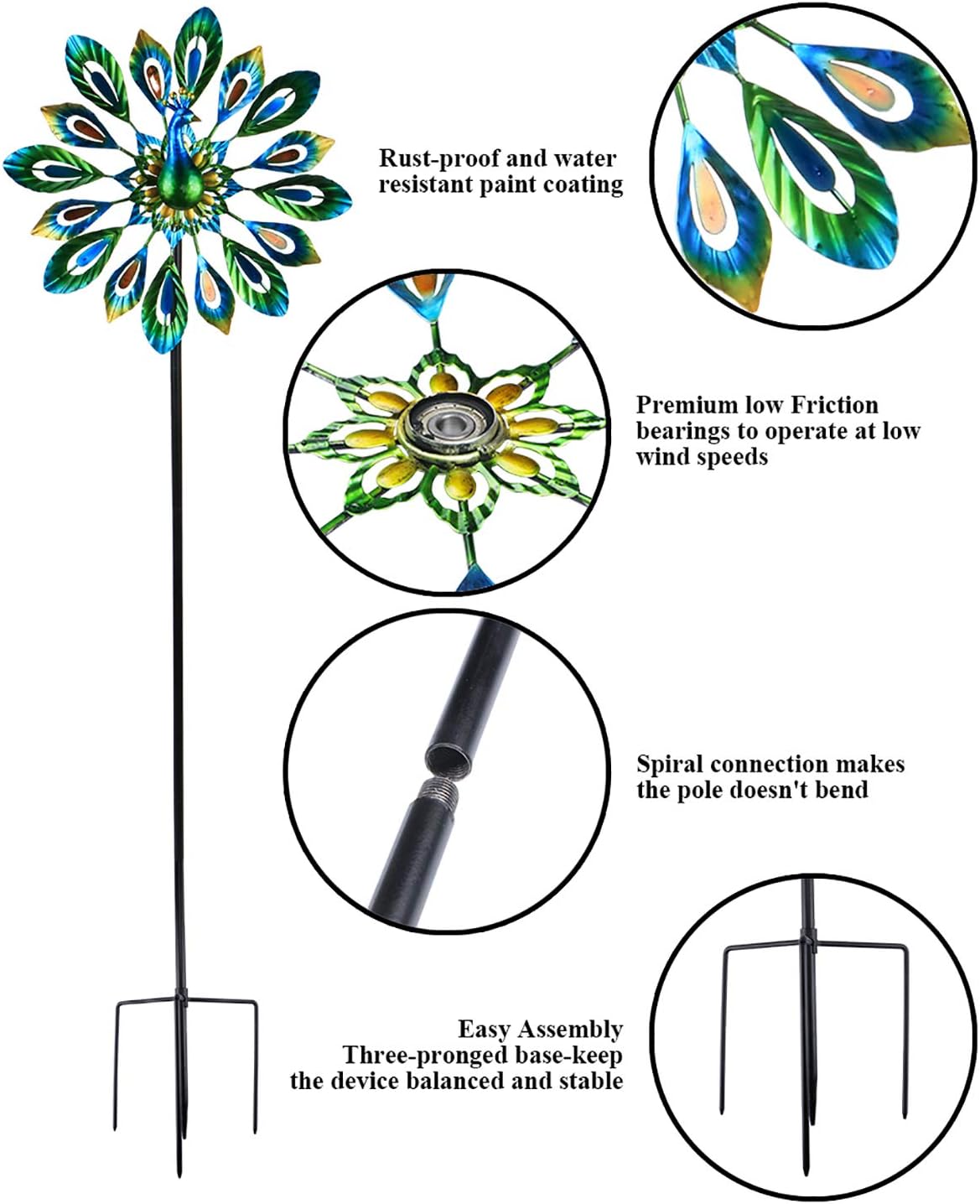 MUMTOP Wind Spinner 51 Inch Peacock Wind Spinner Outdoor Metal with Double Wind Sculpture for Patio, Lawn & Garden Decor