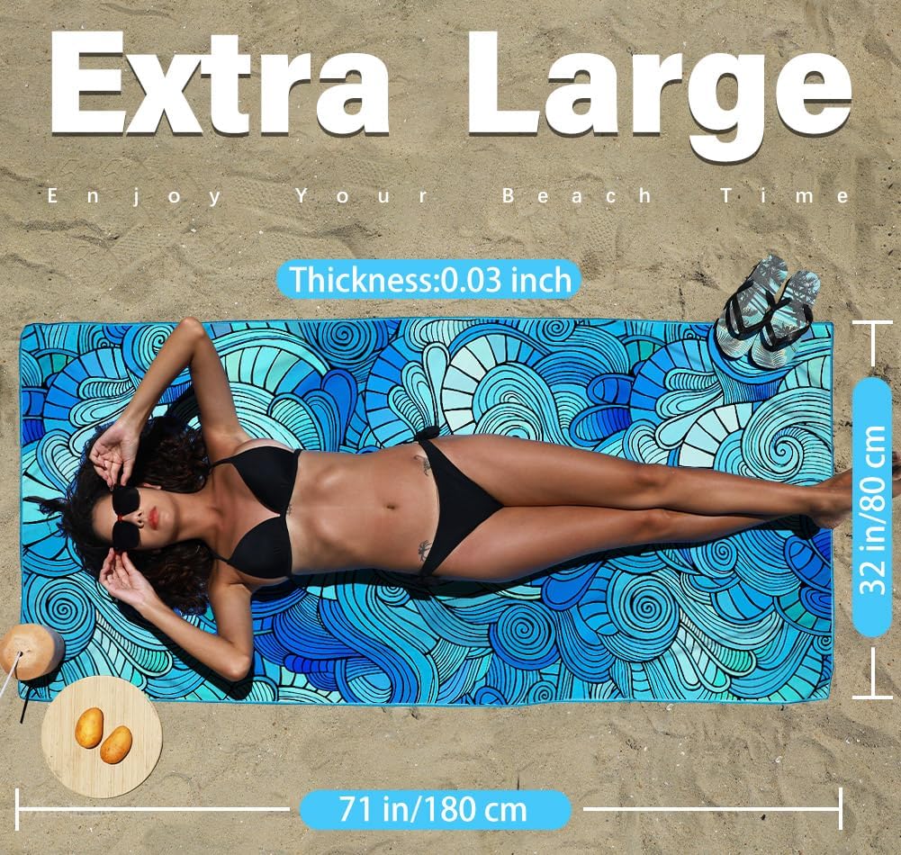 Thin Lightweight Microfiber Beach Towel Sand Free Quick Dry Absorbent Compact Towels for Swimming Pool Camping Beach Accessories Large Easy Pack Travel Things for Vacation Essentials Adult Gift