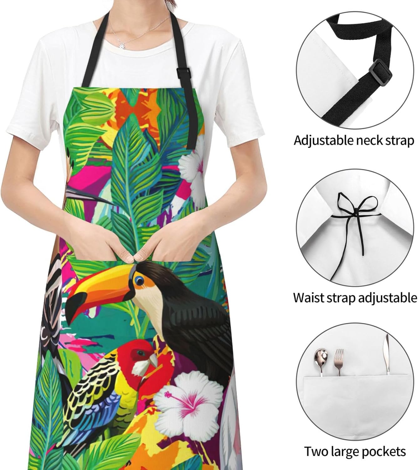 Tropical Birds and Plant Leaf Print Laundry apron 28x33 In Waterproof Kitchen Apron with Pockets for Cooking Baking