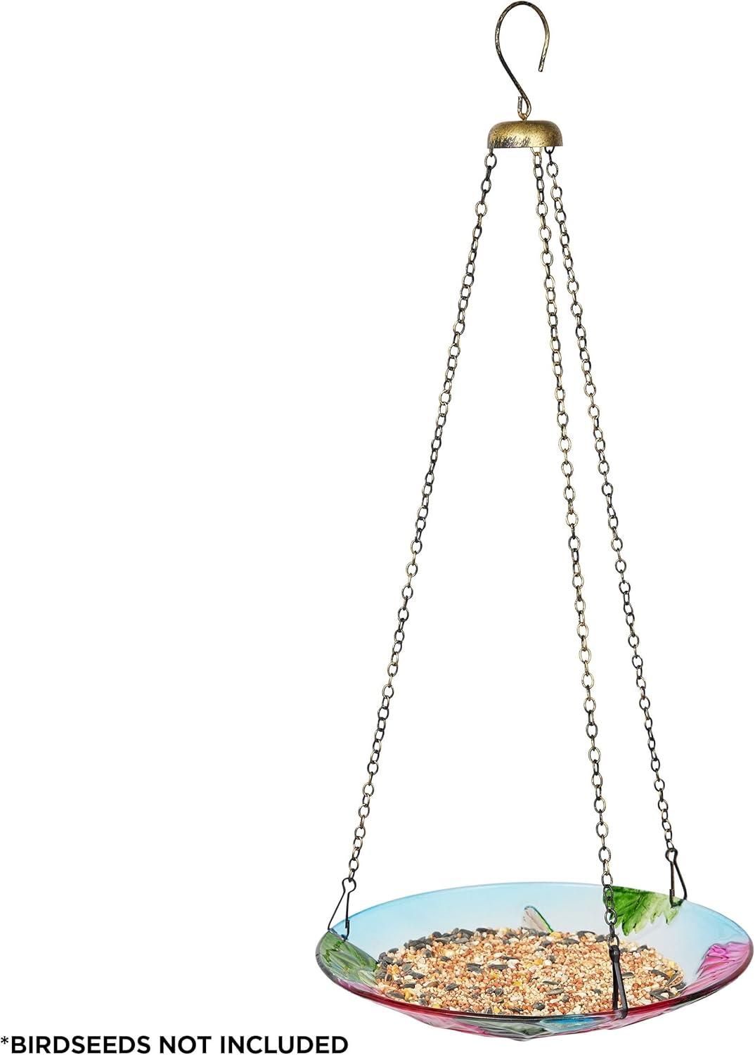 Alpine Corporation KBD150 Outdoor Hanging Glass Bird Feeder and Birdbath, Floral and Hummingbird Design with Chain, 10" W, Red/Green