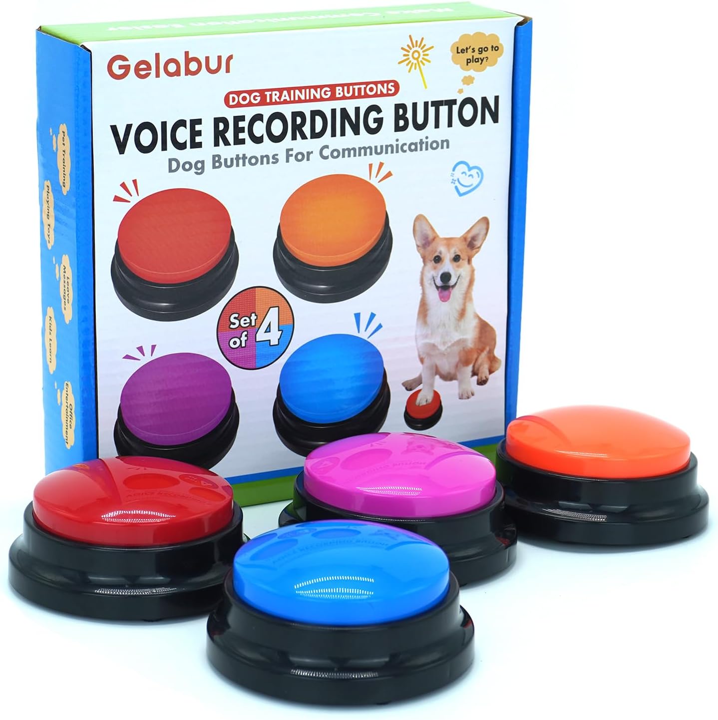 Set of 4 Dog Buttons for Communication, Voice Recordable Buttons for C