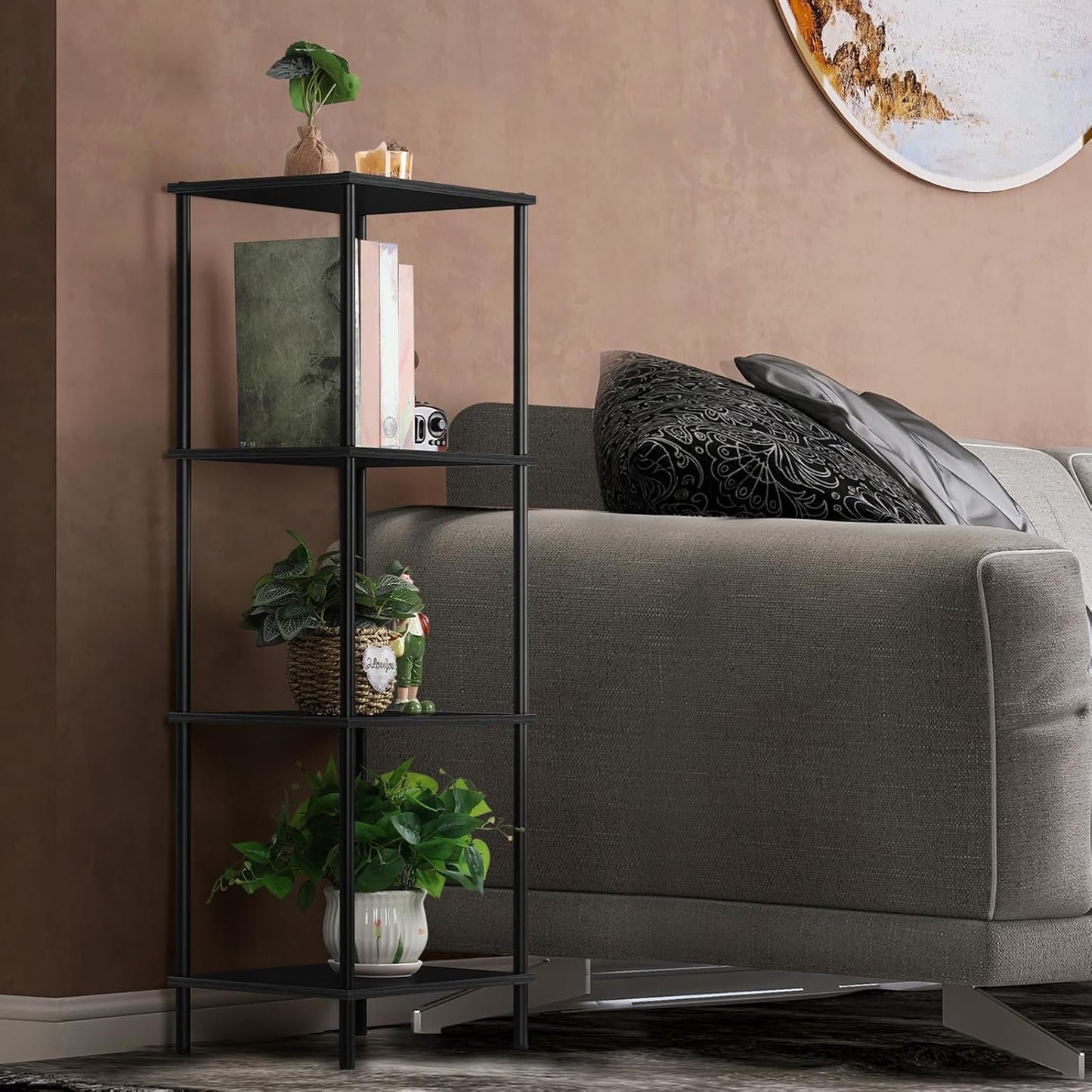 Narrow End Table Tall Black Side Table 4 Tier Wooden Metal Modern Plant Flower Display Stand Rack with Storage for Living Room Bedroom Bathroom