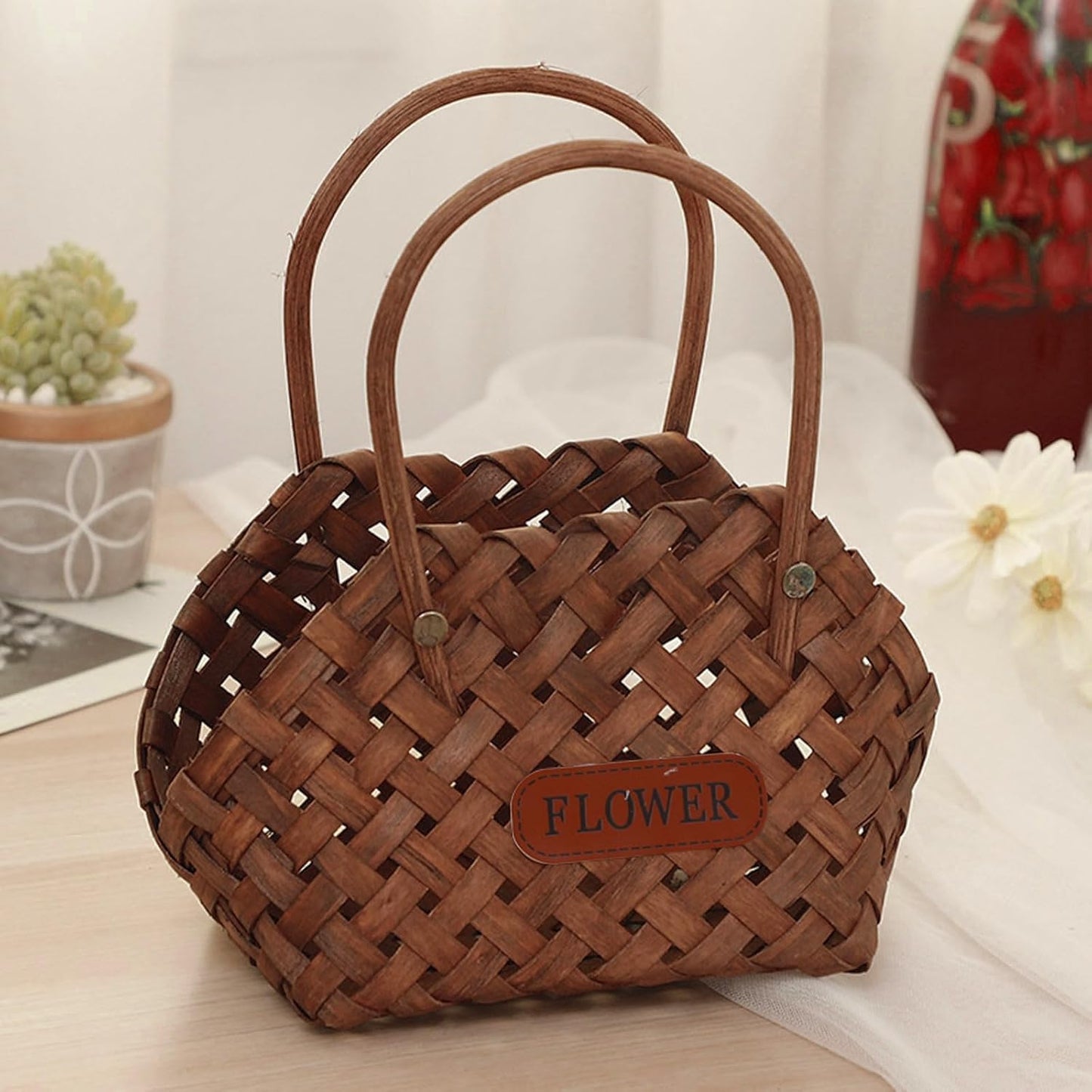 Woven Wood Flower Basket Hand-Held Flower Arrangement Basket Hand-Woven Flower Pot Wedding Flower Girl Baskets for Home