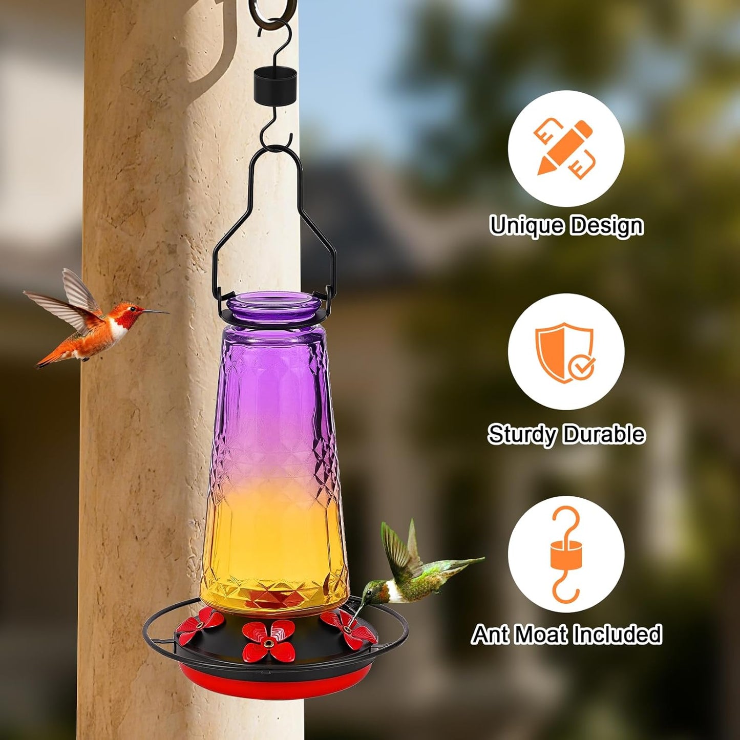 Hummingbird Feeders for Outdoors Hanging, Glass Nectar Feeder with Ant Moat and 5 Bee Guard Feeding Ports, Leak Proof, 21 Ounces, Red (Purple)