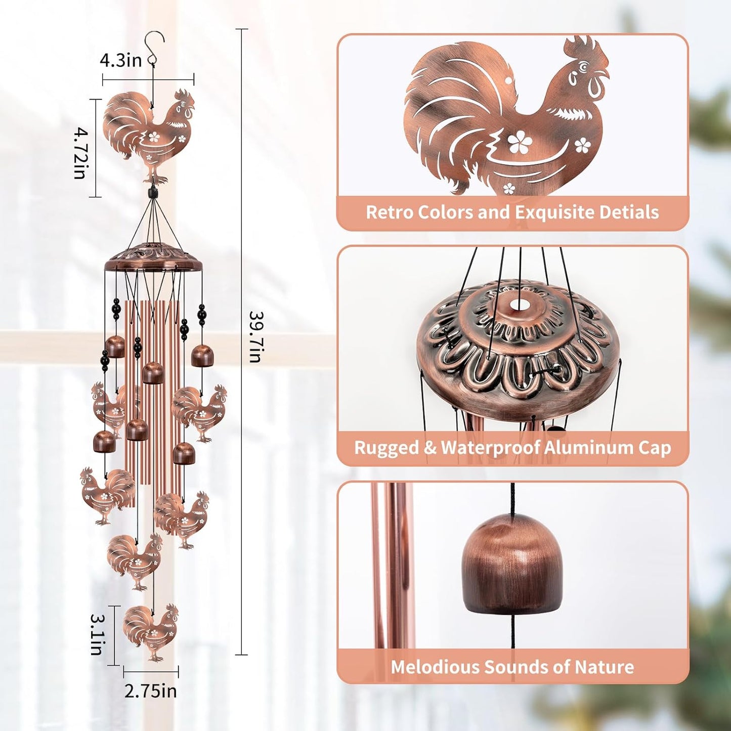 Chicken Wind Chimes for Outside, Rooster Wind Chime, Large Chicken Decor for Women Mom Grandma, Metal Rooster 40" Outdoor Windchimes for Lawn, Porch, Patio, Yard, Christmas