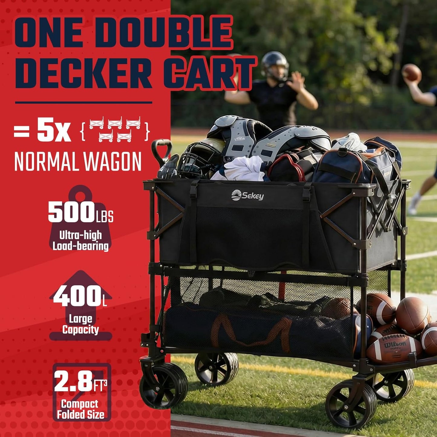 Sekey 500LBS Heavy Duty Double Decker Wagon with Extender, 400L Large Capacity Collapsible Garden Cart Fits 10x10 Canopy, All-Terrain Big Wheels with Brakes, Foldable Utility Wagon for Sports, Camping