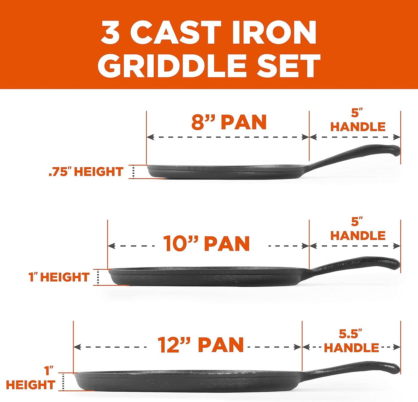 Commercial CHEF 3-Piece Cast Iron Griddle Set, Pre-Seasoned Cast Iron,