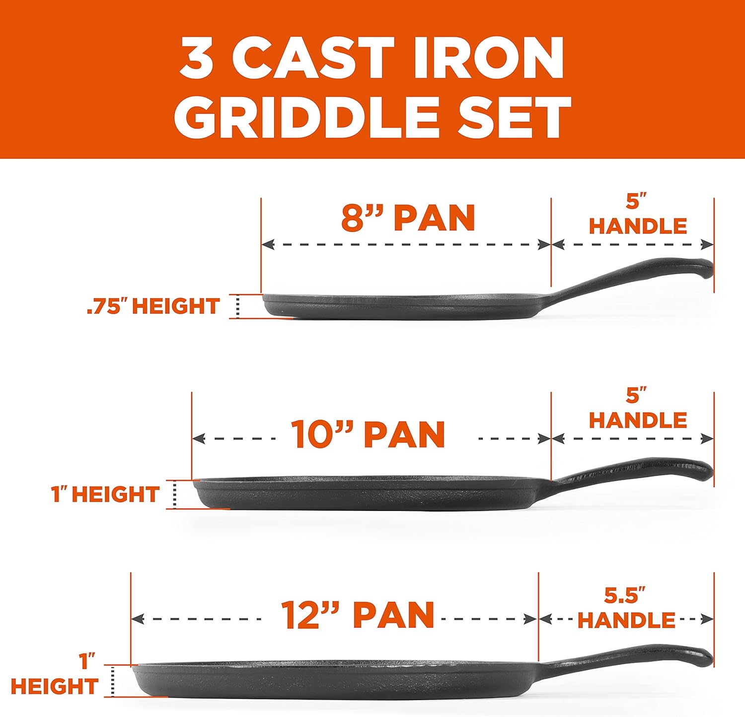 Commercial CHEF 3-Piece Cast Iron Griddle Set, Pre-Seasoned Cast Iron,