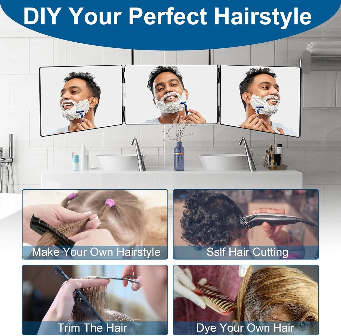 3 Way Mirror for Self Hair Cutting,360 Haircuts Men for Barber Use Tools,to See Back of Head,Tri Fold Mirror with Portable Height Adjustable Telescoping Hooks (6.7" x 10.8")