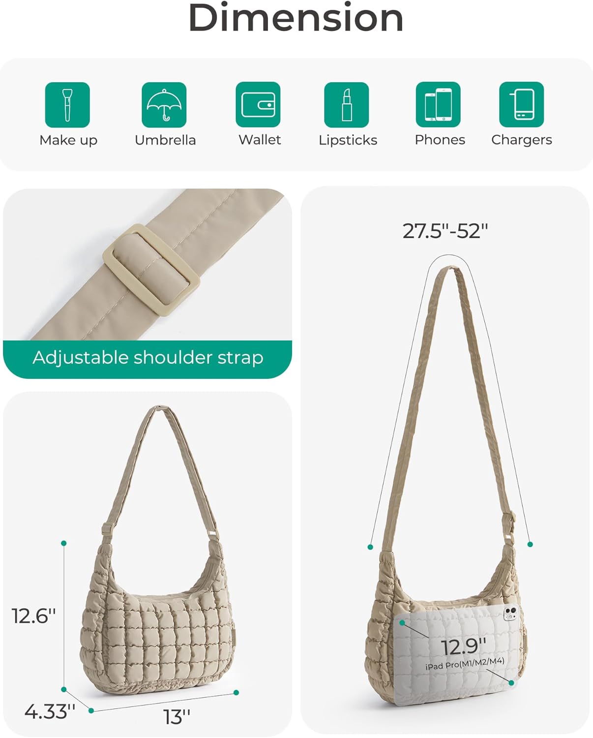 BAGSMART Crossbody Hobo Bag for Women with Adjustable Strap, Quilted P