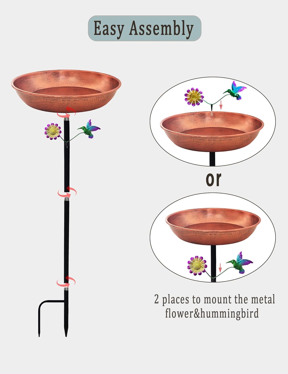 Freestanding Outdoor Bird Bath | Antique Copper 11” Metal Birdbath Bowl & Feeder with Stake for Garden Decor Yard Art (0.5 Gallon)