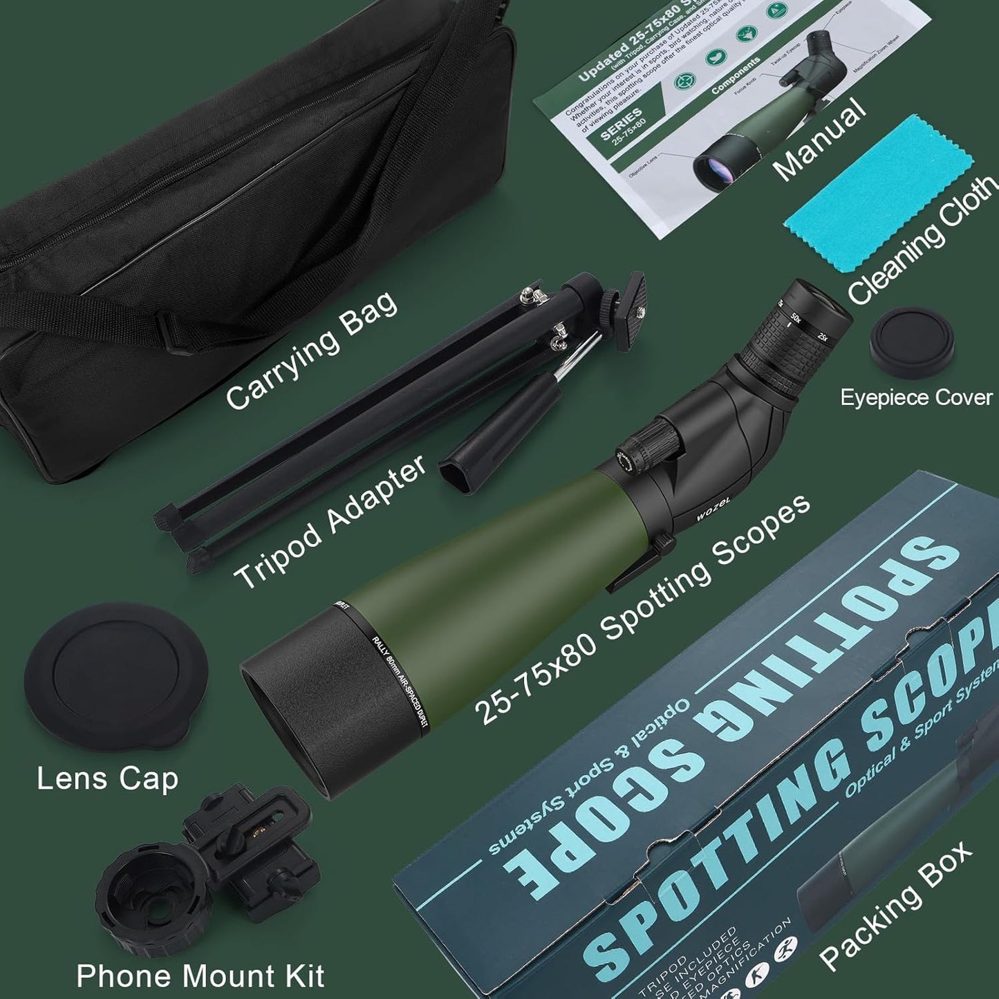 WOZEL 25-75x80 Spotting Scope with Tripod - Phone Adapter & Carrying Bag Included, HD BAK4 Prism Waterproof Spotter Scope for Target Shooting, Bird Watching & Wildlife Viewing