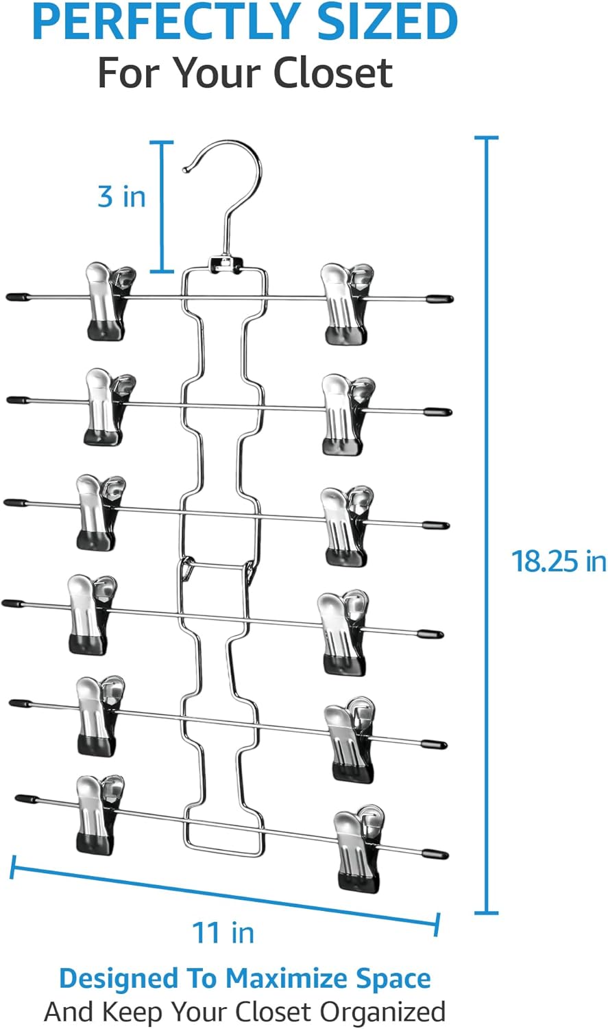 ZOBER 3-Pack 6-Tier Skirt Hangers with Clips - Pants Hangers with Clips Space Saving, Closet Organization, Swivel Hooks, College Dorm Essentials, Skirt Hangers for Women, Jeans Organizer for Closet