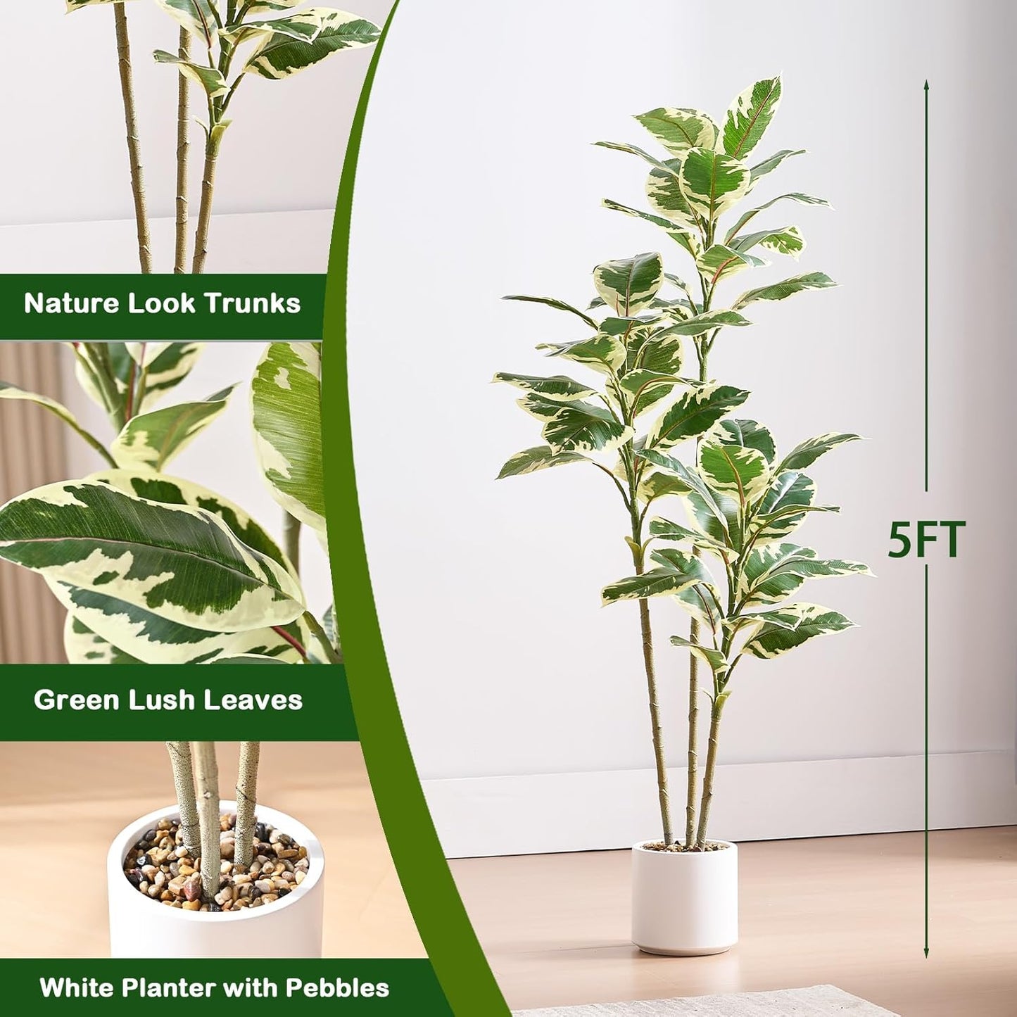 Artificial Rubber Plant, 5FT Faux Plants Indoor Fake Rubber Tree with White Planter, Tall Fake Plants Potted Tree Floor Plant in Pot, Artificial Trees for Home Office Room Outdoor Decor