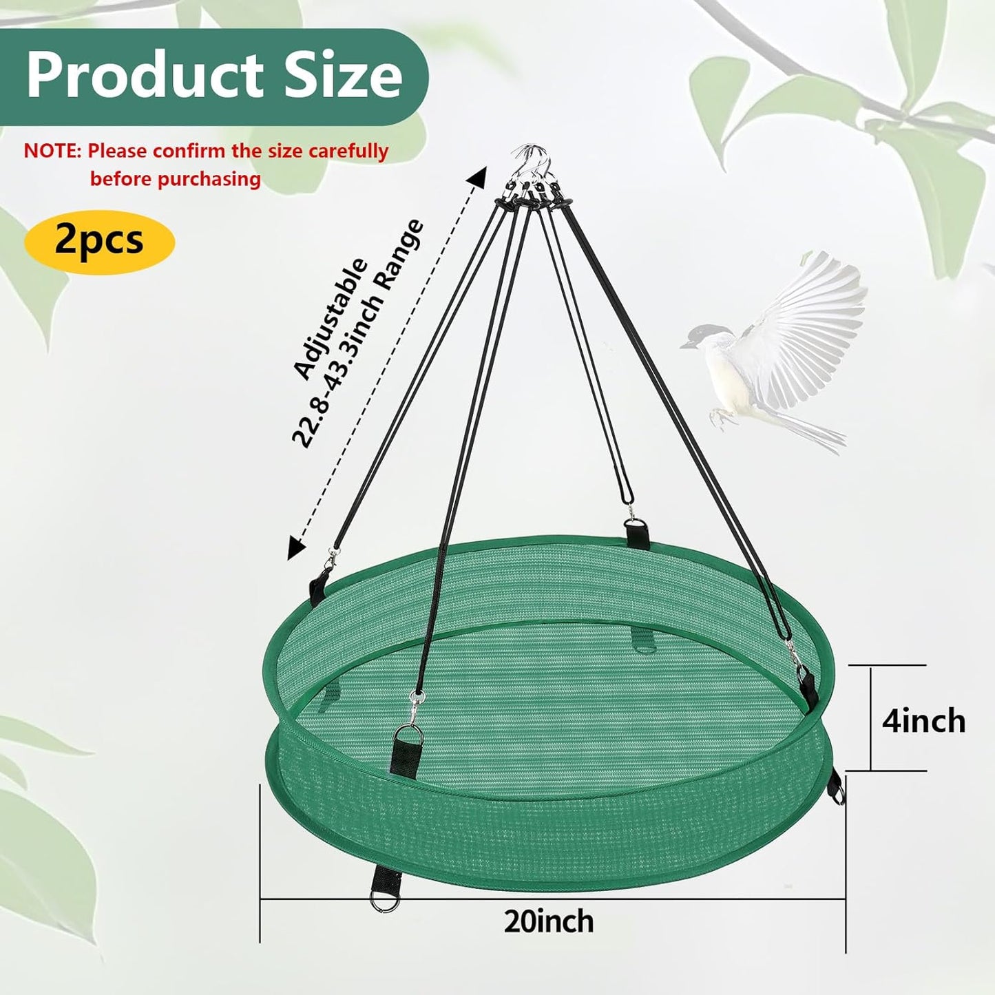 2Pcs Bird Seed & Shell Catcher Tray for Hanging Bird Feeder Platform, Birdseed Hoop for Outdoor Garden Hanging Tray (Green, 20inch)