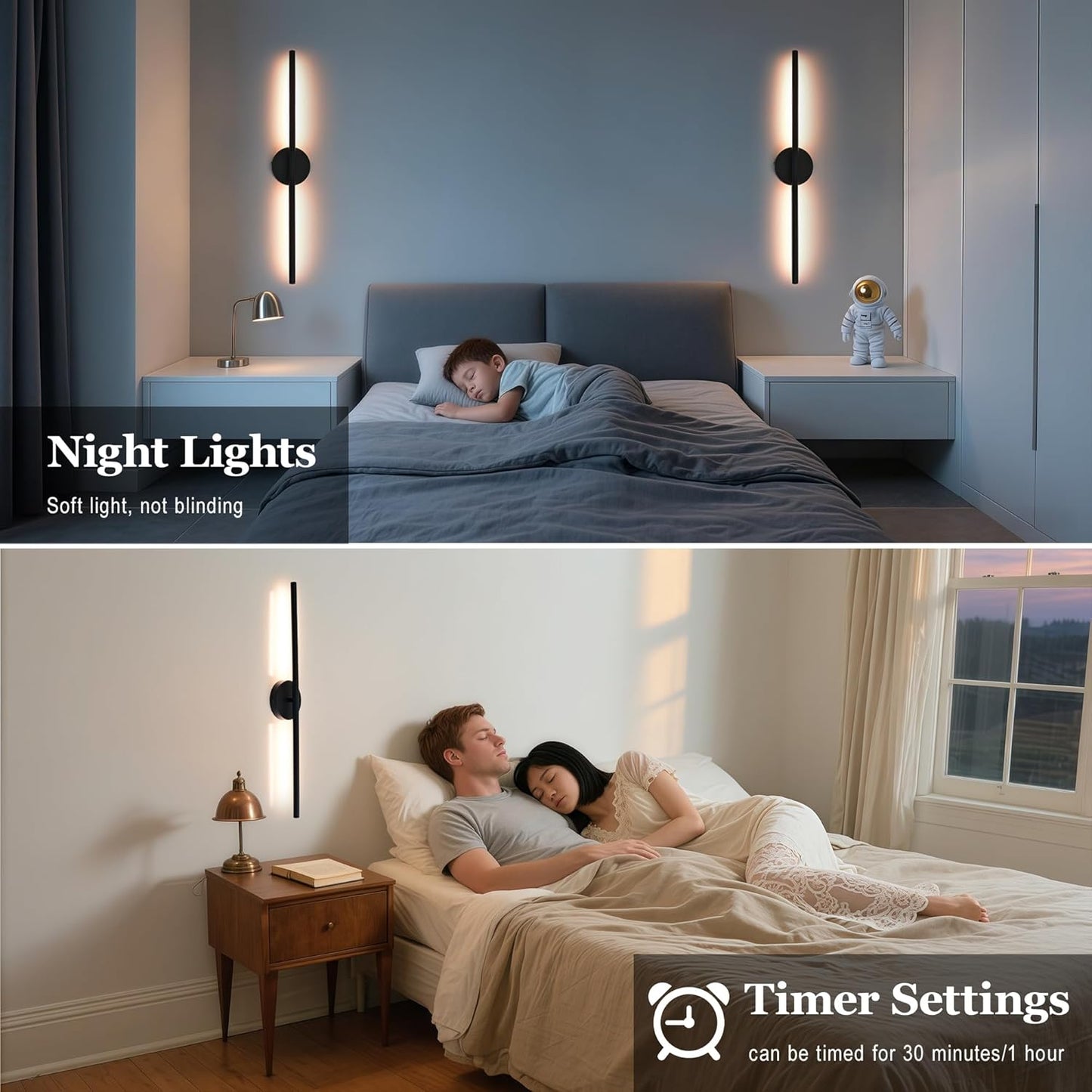 Black Battery Operated Wall Sconces Set of 2 360° Rotate Dimmable LED Wall Lamps 19.6 Inch Wireless Rechargeable Wall Lights with Remote Control