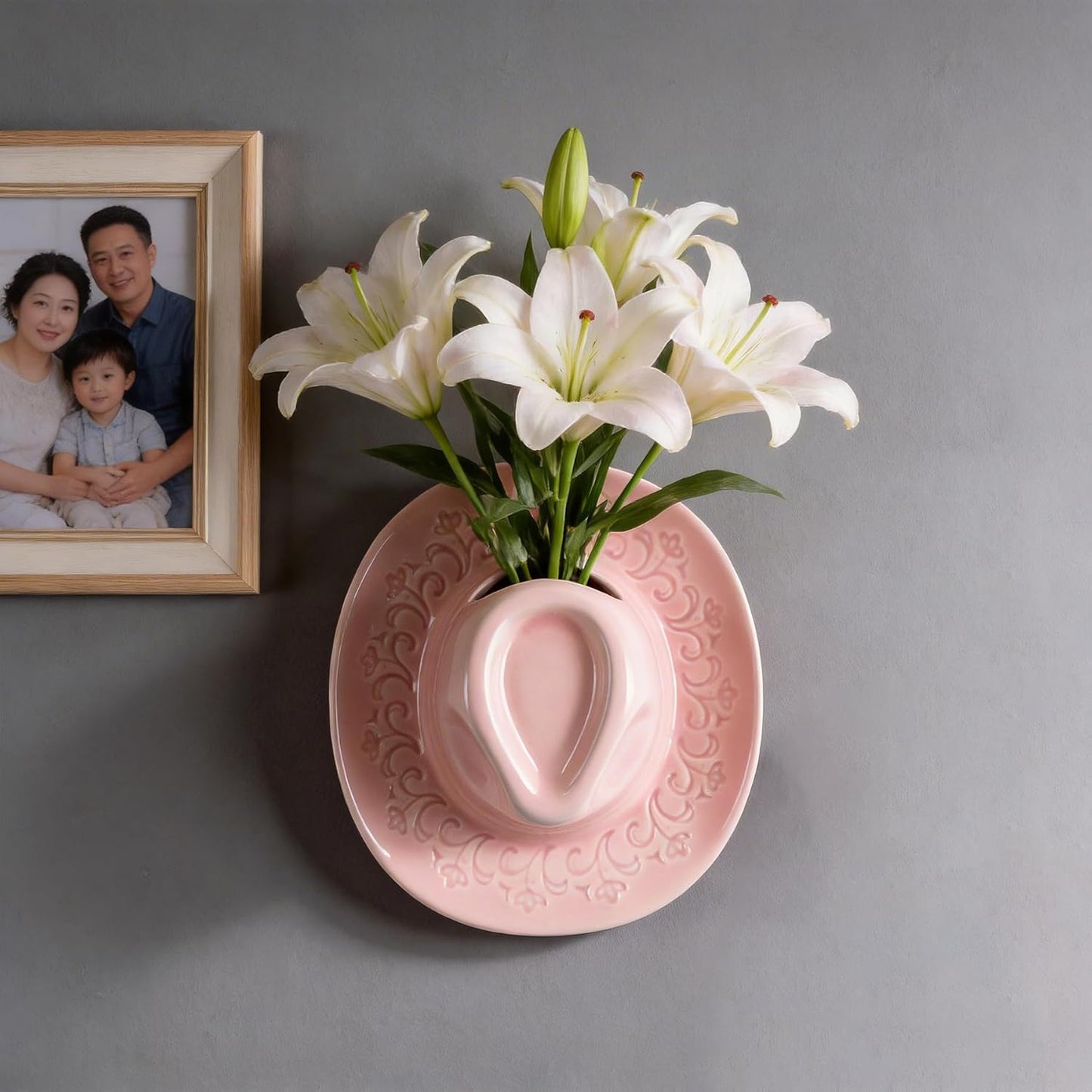 Ceramic Cowboy Hat Vase - 8.2" Pink Handmade Hanging Flower Planter, Western Boho Room Decor & Coastal Cowgirl Aesthetic Wall Art for Home Decor