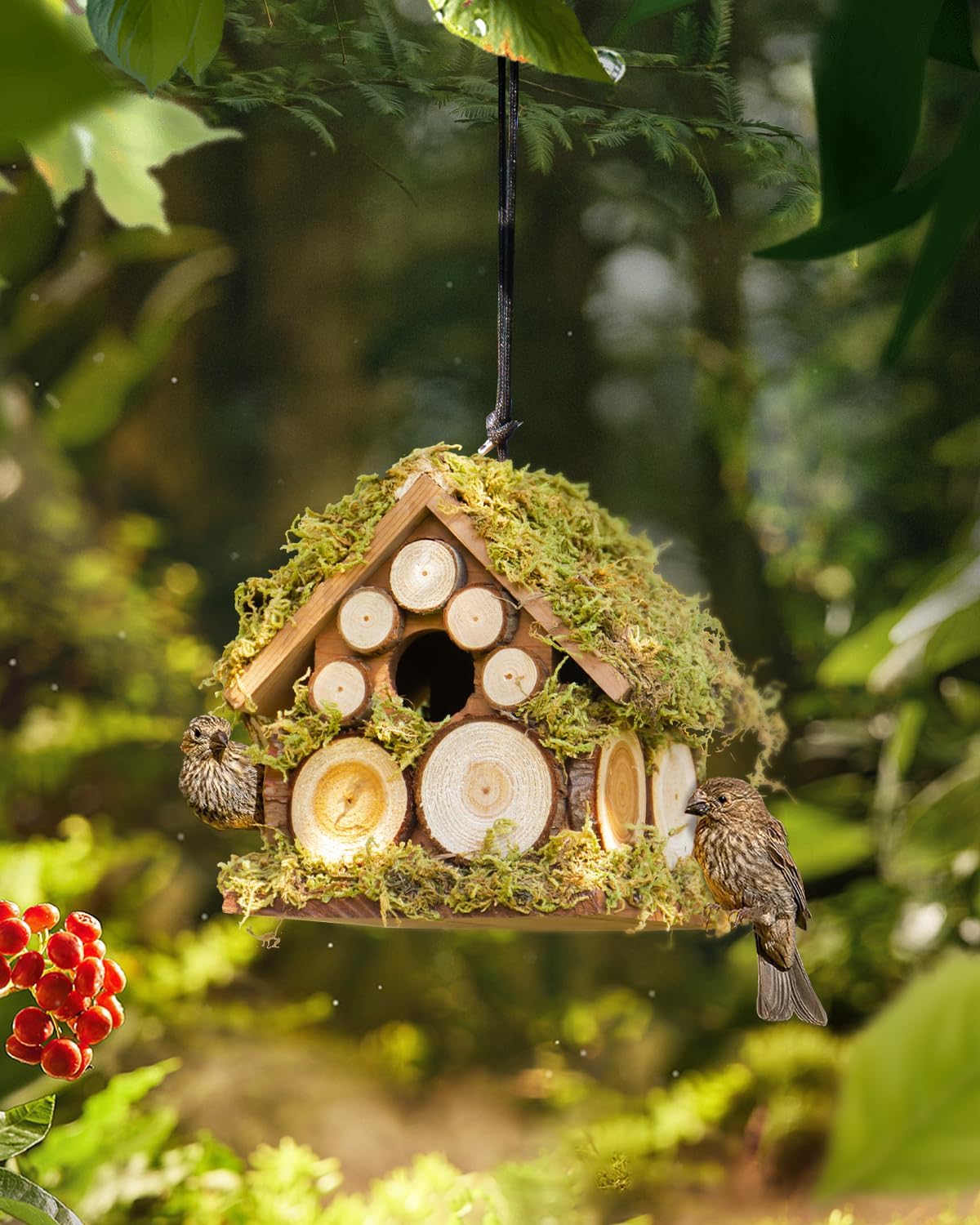 Spring Wren Bird House for Outside - Hard Wood Bird HouseNest Box for Outdoor - Moss Bird House with Cedar Rings- Gifts for Nature Lovers - Pole Mountable Bird House - 1.125" Entrance