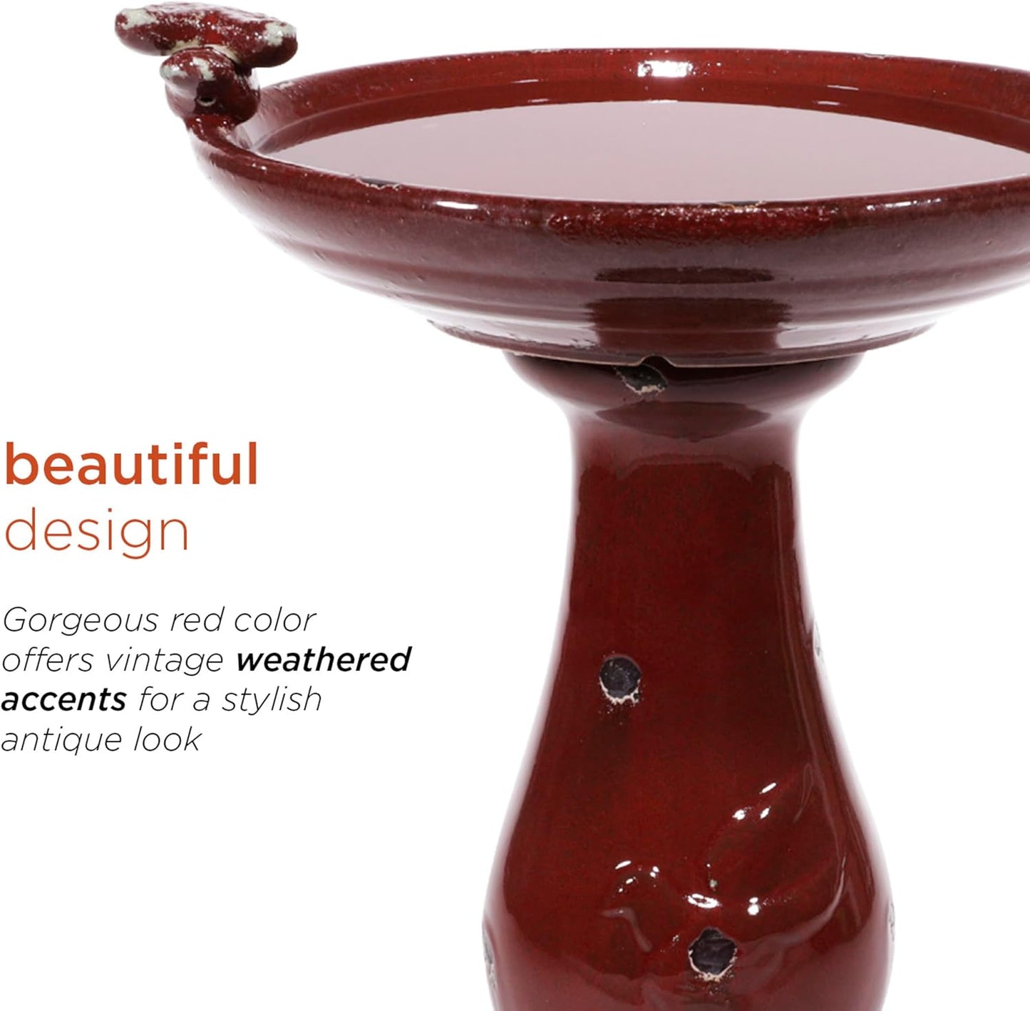 Alpine Corporation 25" Tall Outdoor Antique Ceramic Birdbath with 2 Bird Figurines - Vintage Style Garden Bird Bath Bowl for Patio, Yard, Lawn Decor, Red