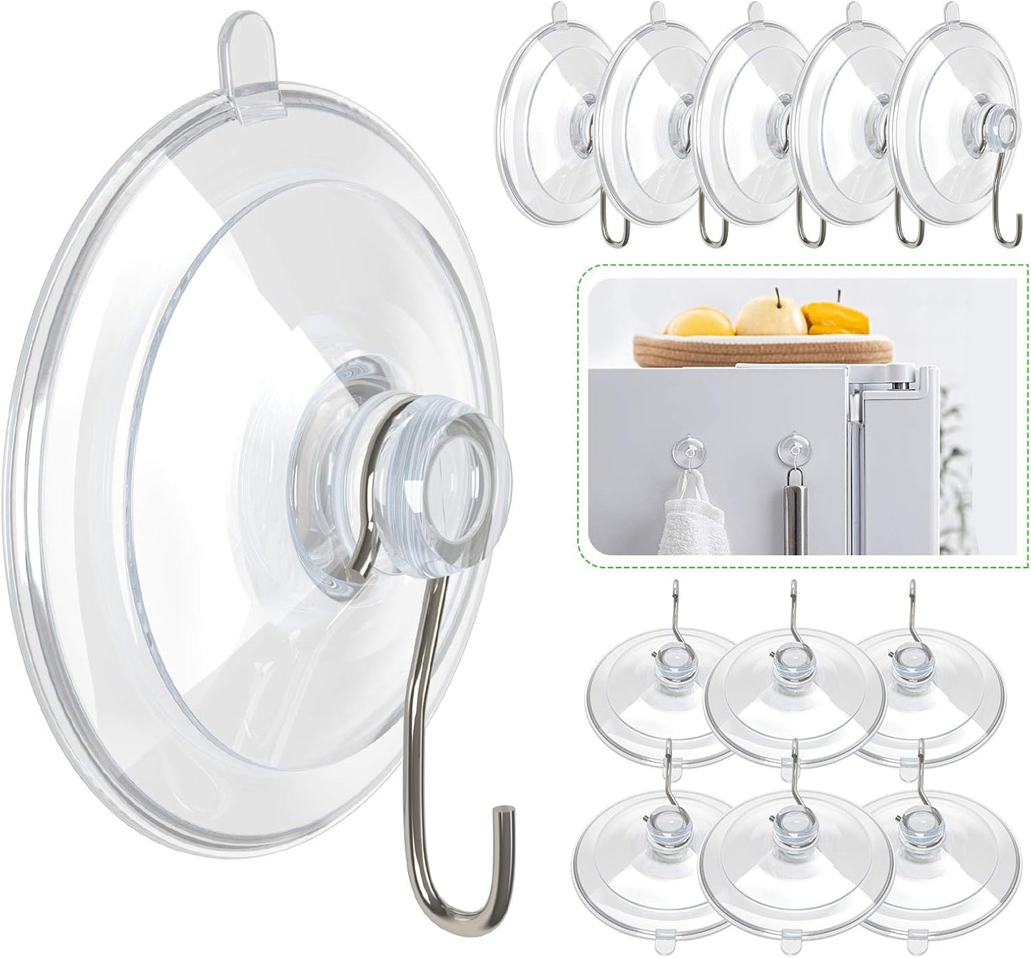 Hangerspace Suction Cup Hooks, 1.77 Inches Clear PVC Suction Cups with Metal Hooks Removable Small Suction Cups for Shower Bathroom Kitchen Wall Window Glass Door 12 Pack
