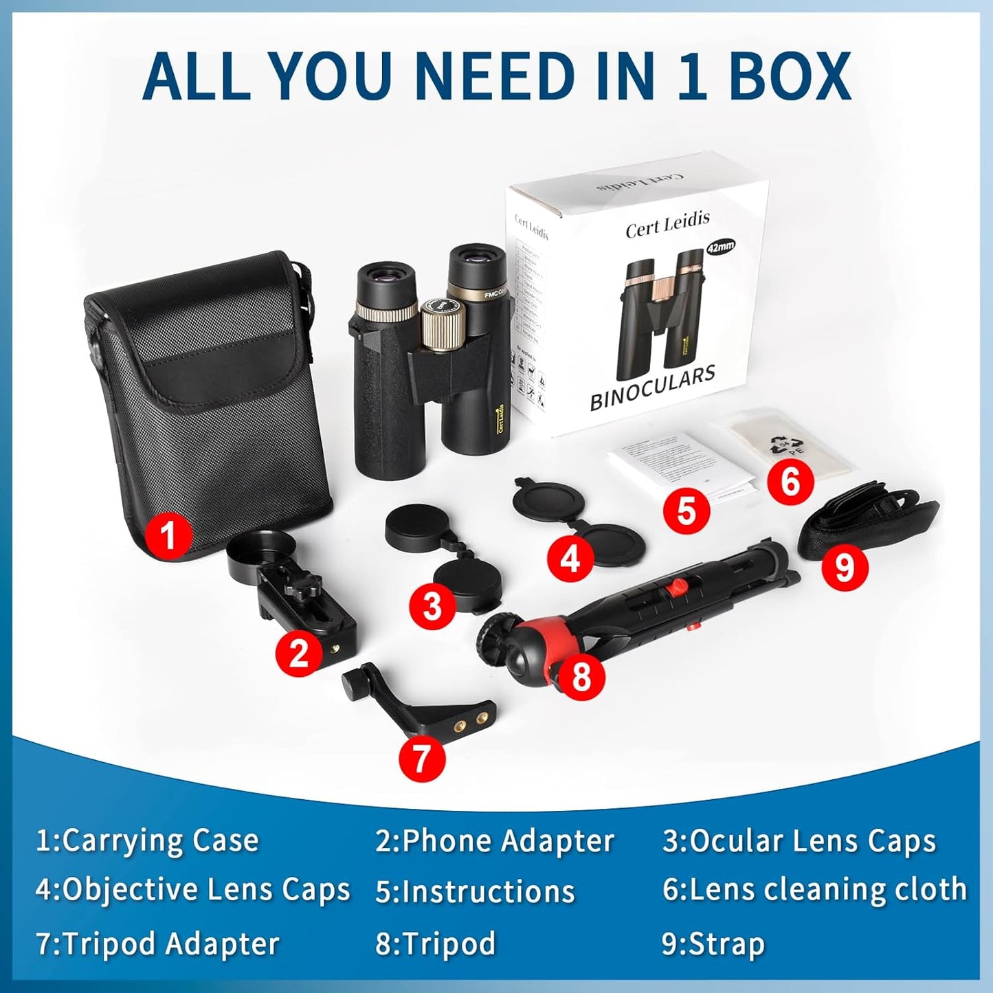 10x42 HD Binoculars for Adults High Powered with Phone Adapter and Tripod, Super Bright BAK4 Prism Waterproof Compact Binoculars for Bird Watching Hunting Stargazing Hiking Cruise Travel