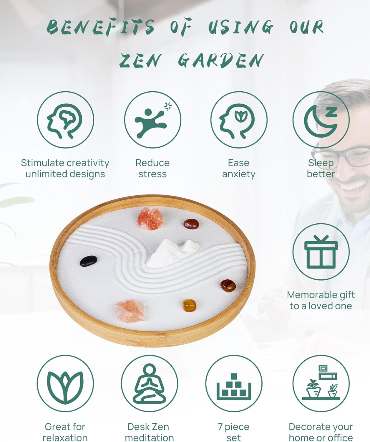 Melonva Japanese Zen Garden for Desk - Static Mountain 10" x 10" Desktop Mini Zen Garden with White Sand Artificial Tree Rocks Rakes & Accessories - Meditation Zen Gifts Sand Garden Kit for Office