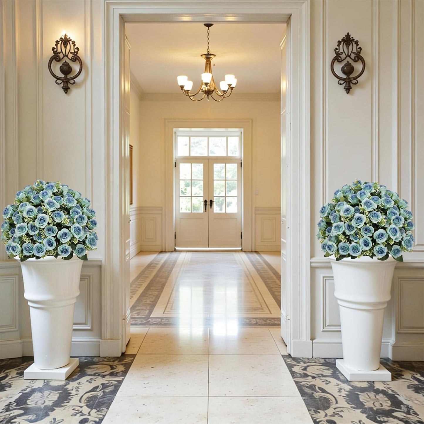 24” Artificial Flowers for Outdoors, Set of 2 Realistic Faux Blue Roses in Cement Pots, UV Resistant Fake Plants Look Real for Front Porch, Entryway & Indoor Spring Decor
