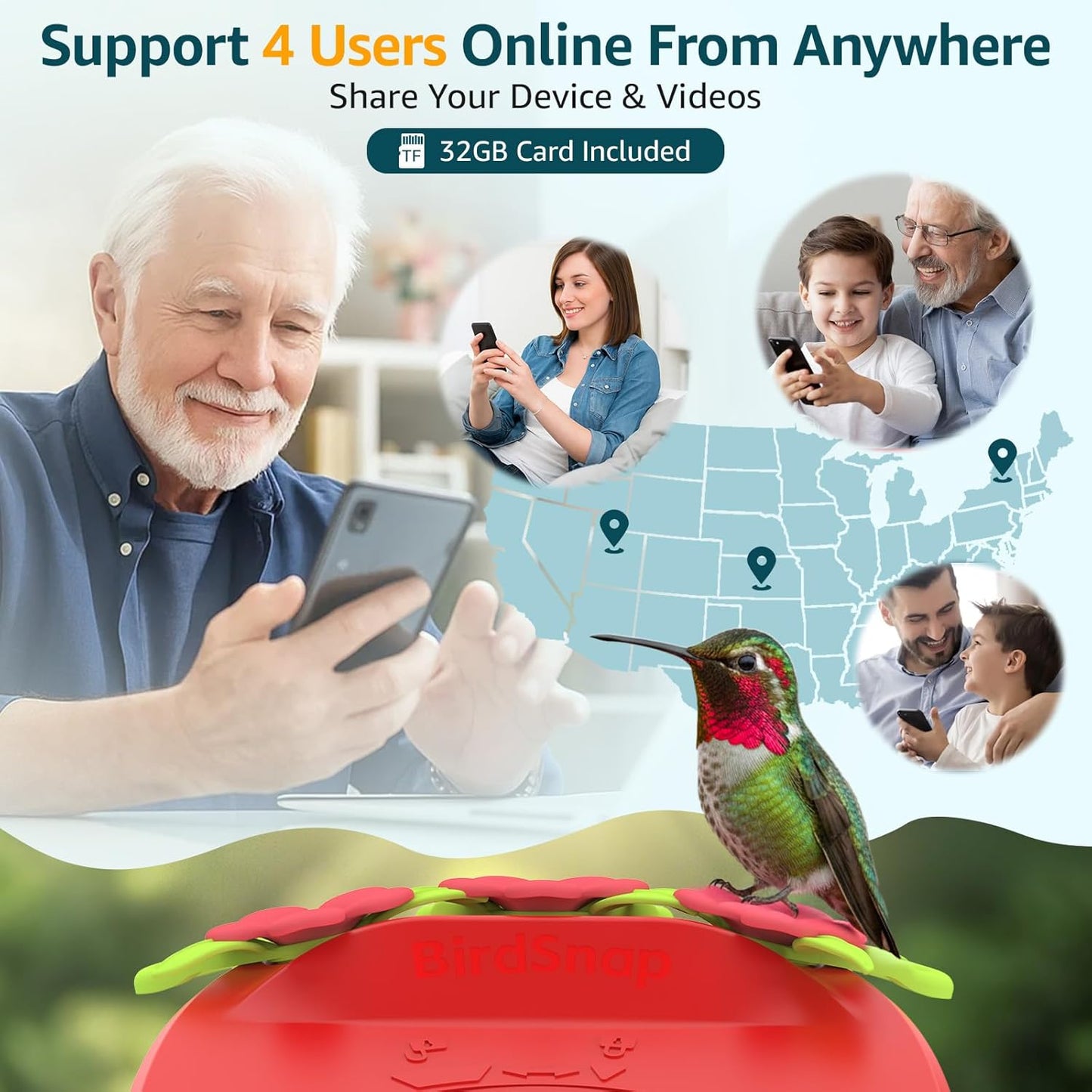 birdsnap® Hummingbird Feeder with Camera Solar Powered, 2K Live Stream AI Bird Identification with 32GB Card Ant Moat Weatherproof WiFi Smart Bird Feeder Camera for Outdoor Birds Watching Gifts