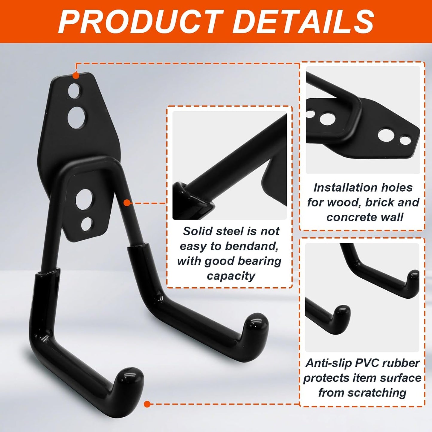 Uenhoy 2 Pack Heavy Duty Garage Storage Hooks, Wall-Mount Garage Tool Organizer, Small U Shape Utility Hanger Hooks for Garden Tool, Ladders, Garden Hose, Bikes, Black