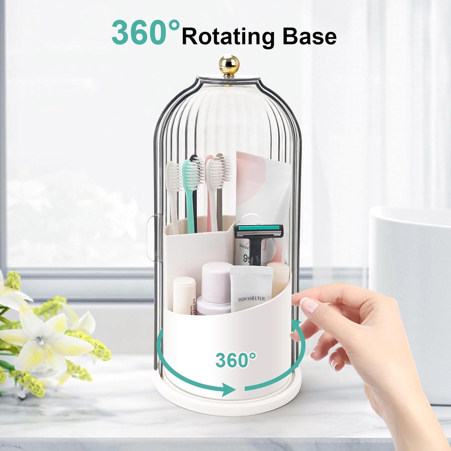 Toothbrush Holders with Sliding Lid, Rotating 3 Slots Bathroom Organiz