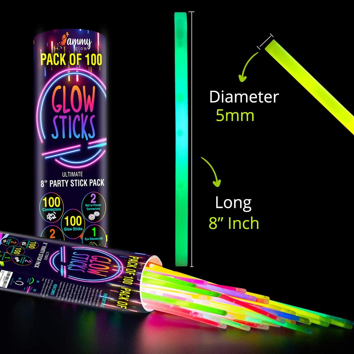 Ammy Glow-205 Pcs Glow Sticks-100 Pack Bulk Party favors for Kids-Neon Glow in The Dark Party Supplies - Eye Glasses, Glow Bracelets & Necklaces -Party Lights For Birthdays & Weddings