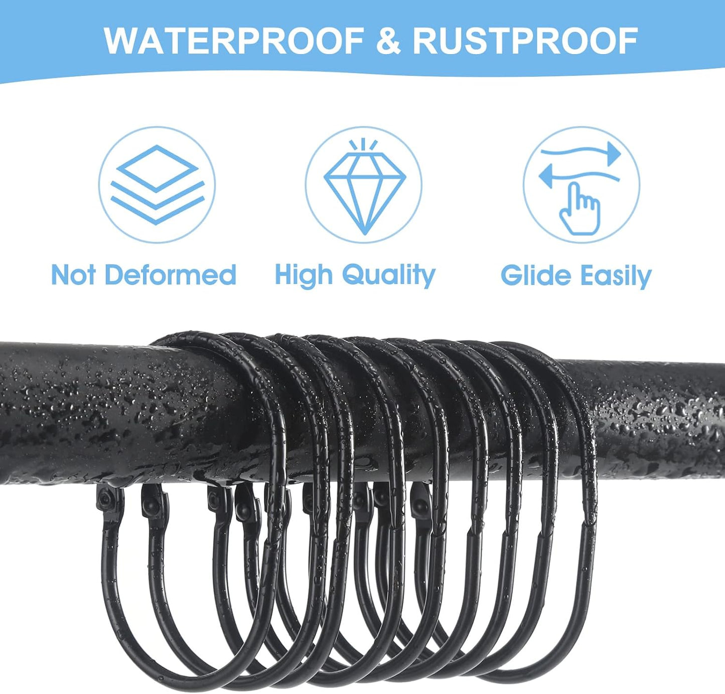 Goowin Shower Curtain Rings, 12 Pcs Shower Curtain Hooks, Oval Snap Shower Rings for Curtain, Metal Black Shower Curtain Rings Rust Proof, Glide Smoothly Shower Hooks for Shower Curtain Rod (Black)