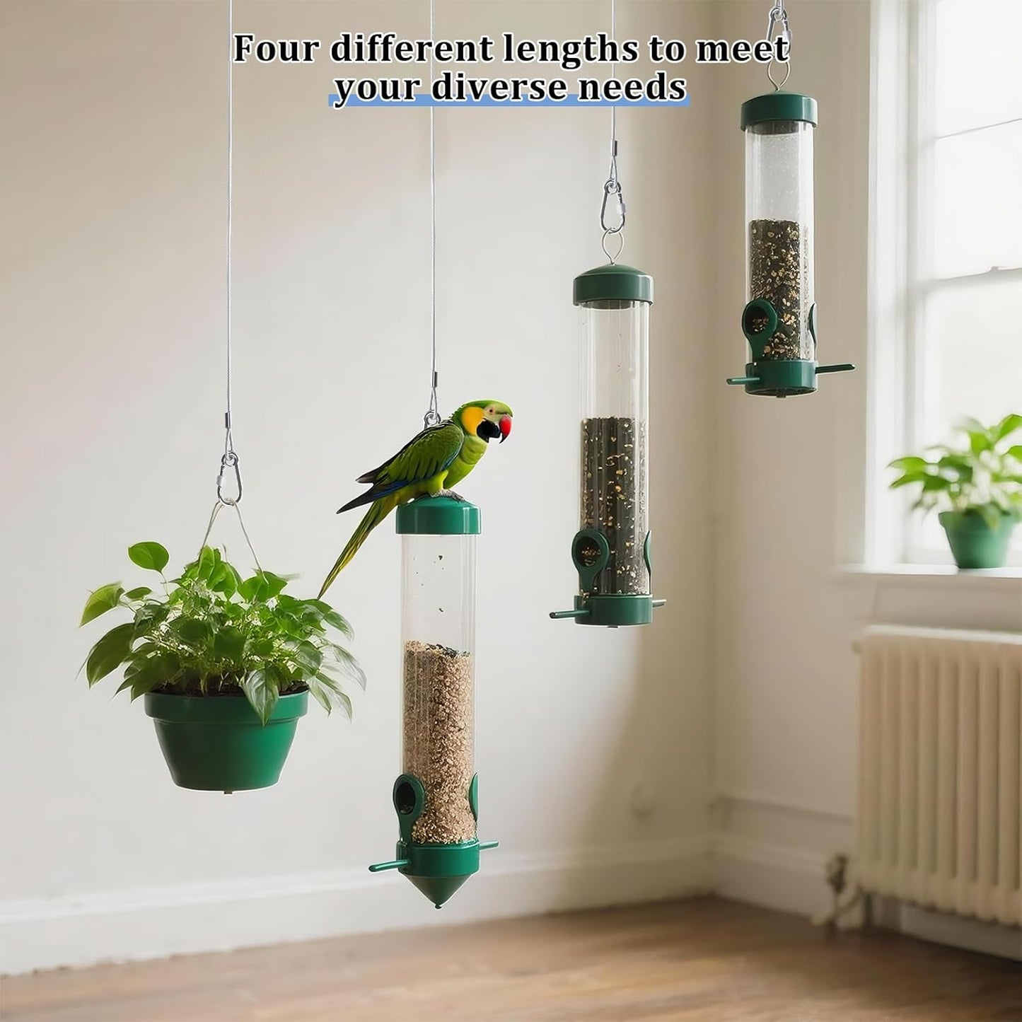 4 Pcs Hanging Steel Cables with Carabiner Hooks 12" 18" 24" 36"- Adjustable Hanging Chain Cable Rope Bird Feeder Hanger for Bird Feeders, Planters, Lanterns & Outdoor Christmas Tree Decorations