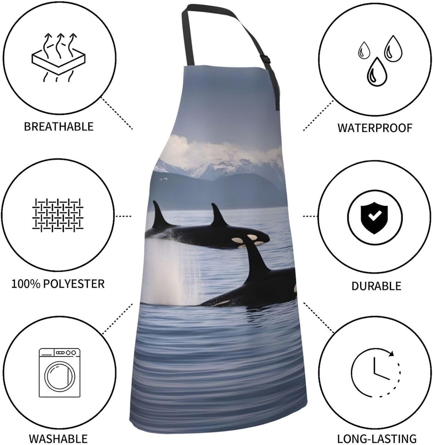 Killer Whales Swim Along print Waterproof chef's apron with pocket apron for kitchen cooking baking barbecue and gardening