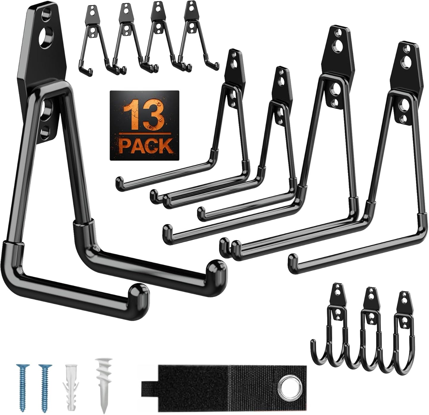 Pack 13 Garage Hooks Heavy Duty | Multi-Sized Wall-Mounted Tool Hangers with Anti-Rust PVC Coating | Heavy Duty Wall Hooks for Bikes, Ladders, Garden Tools, and More