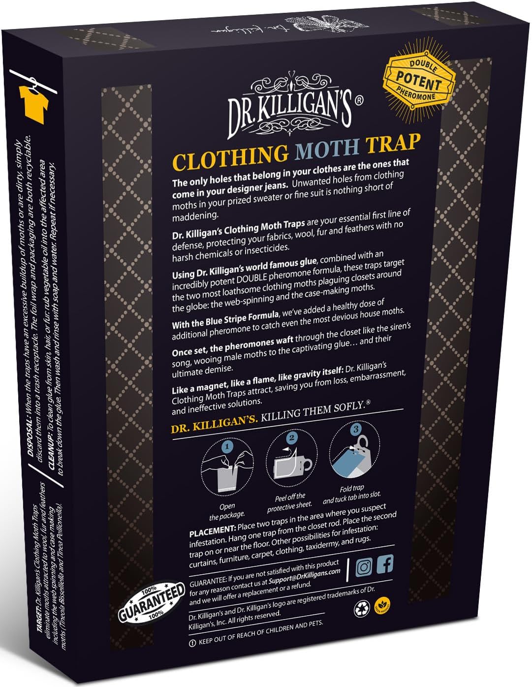Dr. Killigan's Premium Clothing Moth Traps with Pheromones Prime | Non-Toxic Clothes Moth Trap with Lure for Closets & Carpet | Moth Treatment & Prevention | Case Making & Web Spinning (Black)