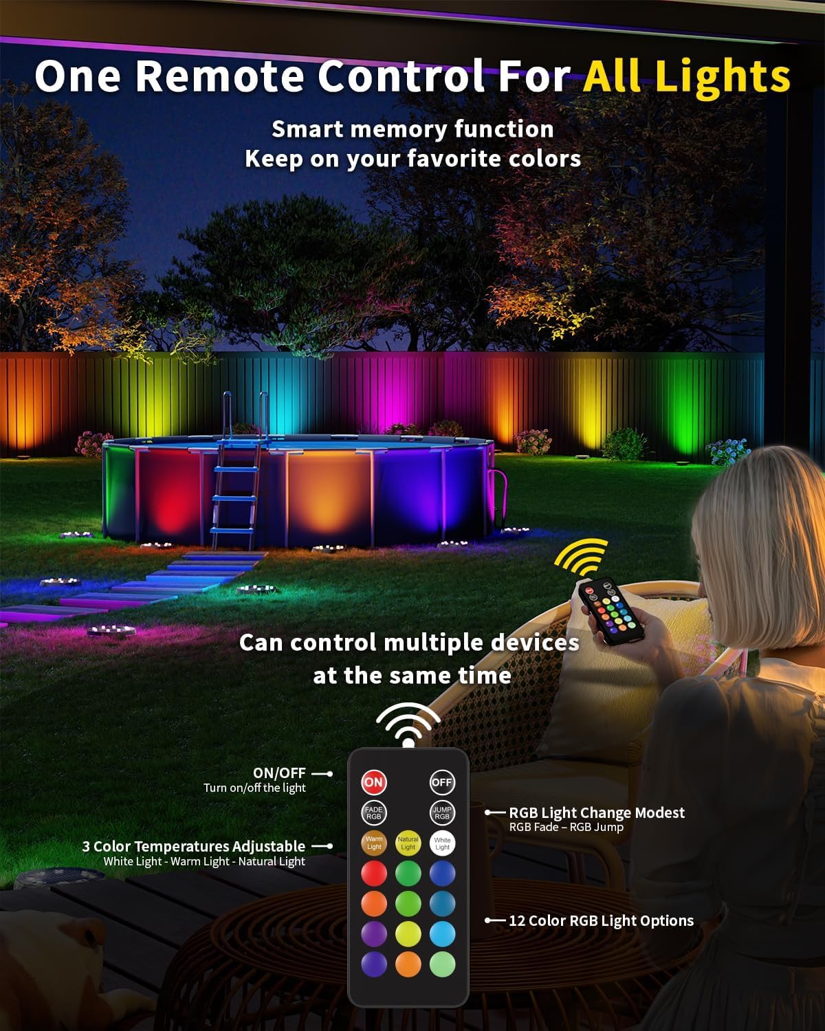 Solar Ground Lights with Remote, 15 Multi Color Solar Garden Lights Wa
